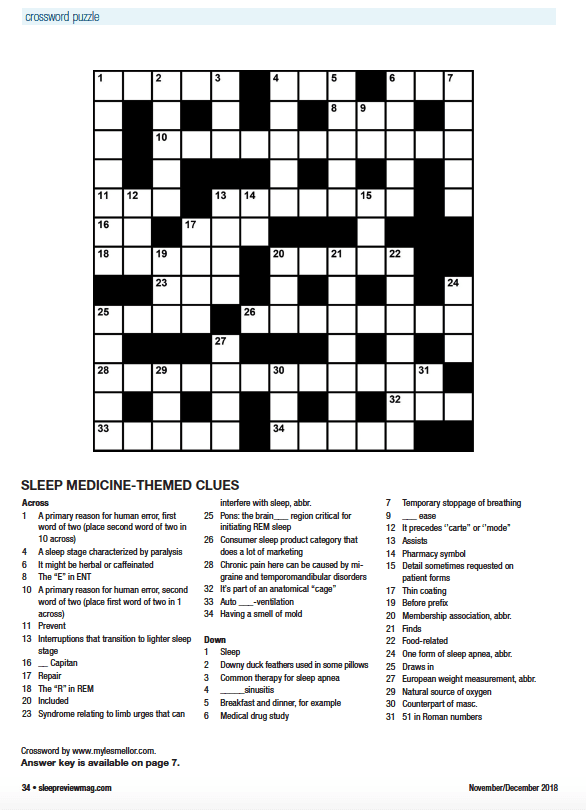 Crossword Puzzle: Sleep Medicine Themed Clues (November 2018) Sleep