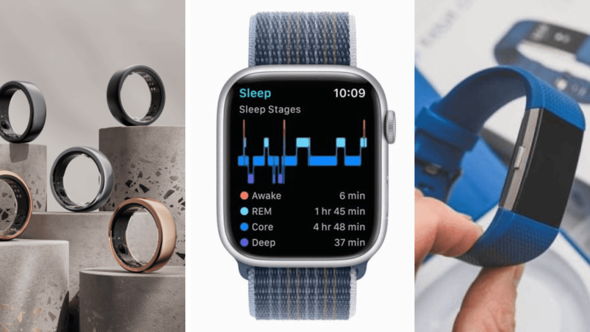 Oura Ring, Apple Watch, and Fitbit devices displayed together